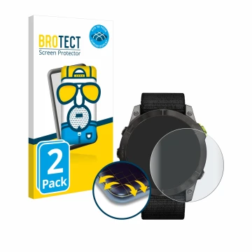 Parte frontal de un envase de producto con el logotipo de la marca BROTECT. Al lado se muestra el dispositivo Garmin Enduro 2 