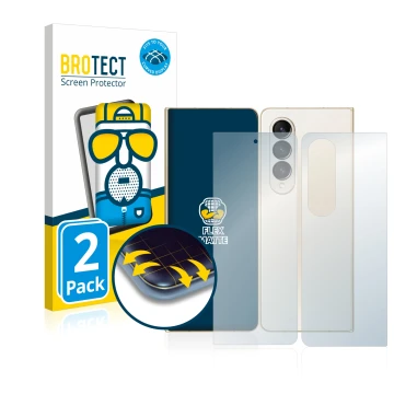 Parte frontal de un envase de producto con el logotipo de la marca BROTECT. Al lado se muestra el dispositivo Samsung Galaxy Z