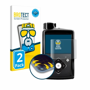 Parte frontal de un envase de producto con el logotipo de la marca BROTECT. Al lado se muestra el dispositivo Medtronic Minime