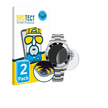 Parte frontal de un envase de producto con el logotipo de la marca BROTECT. Al lado se muestra el dispositivo Rolex Sea-Dwelle