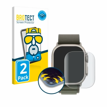 Parte frontal de un envase de producto con el logotipo de la marca BROTECT. Al lado se muestra el dispositivo Apple Watch Ultr