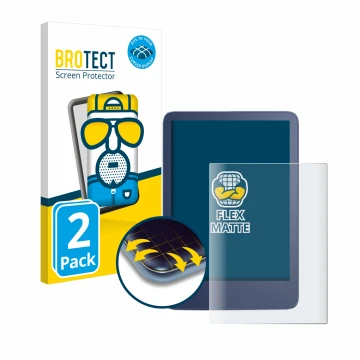 Parte frontal de un envase de producto con el logotipo de la marca BROTECT. Al lado se muestra el dispositivo Amazon Kindle Re