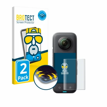 Parte frontal de un envase de producto con el logotipo de la marca BROTECT. Al lado se muestra el dispositivo Insta360 X3 con 