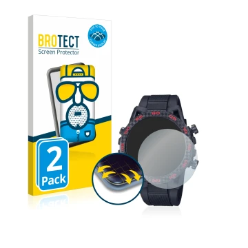 Parte frontal de un envase de producto con el logotipo de la marca BROTECT. Al lado se muestra el dispositivo Casio Edifice EC