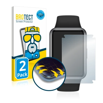 Parte frontal de un envase de producto con el logotipo de la marca BROTECT. Al lado se muestra el dispositivo Huawei Watch Fit