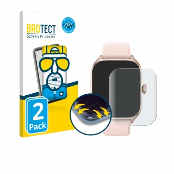 Parte frontal de un envase de producto con el logotipo de la marca BROTECT. Al lado se muestra el dispositivo Huami Amazfit GT