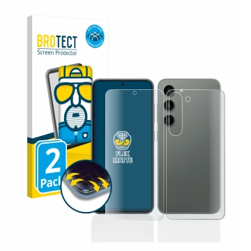 Parte frontal de un envase de producto con el logotipo de la marca BROTECT. Al lado se muestra el dispositivo Samsung Galaxy S