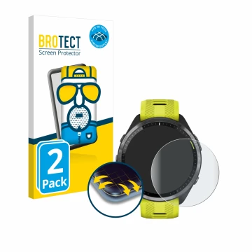 Parte frontal de un envase de producto con el logotipo de la marca BROTECT. Al lado se muestra el dispositivo Garmin Forerunne