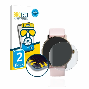 Parte frontal de un envase de producto con el logotipo de la marca BROTECT. Al lado se muestra el dispositivo Hama Fit Watch 4