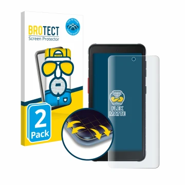 Parte frontal de un envase de producto con el logotipo de la marca BROTECT. Al lado se muestra el dispositivo Samsung Galaxy X