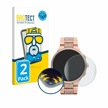 Parte frontal de un envase de producto con el logotipo de la marca BROTECT. Al lado se muestra el dispositivo Michael Kors Cam
