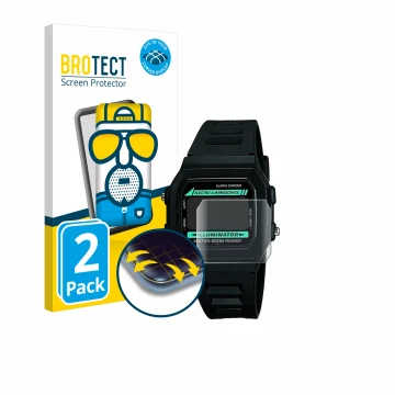 Parte frontal de un envase de producto con el logotipo de la marca BROTECT. Al lado se muestra el dispositivo Casio W-86-1VQES