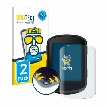 Parte frontal de un envase de producto con el logotipo de la marca BROTECT. Al lado se muestra el dispositivo Garmin Edge 840 