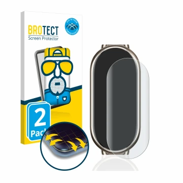 Parte frontal de un envase de producto con el logotipo de la marca BROTECT. Al lado se muestra el dispositivo Xiaomi Mi Band 8