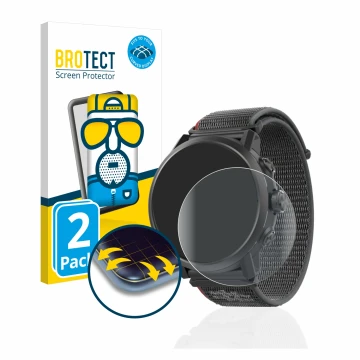 Parte frontal de un envase de producto con el logotipo de la marca BROTECT. Al lado se muestra el dispositivo Coros Apex 2 con