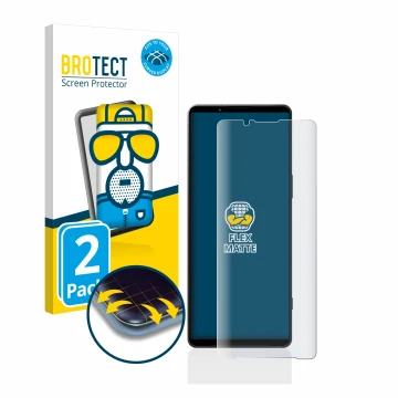 Parte frontal de un envase de producto con el logotipo de la marca BROTECT. Al lado se muestra el dispositivo Sony Xperia 1 V 