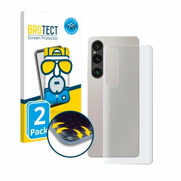 Parte frontal de un envase de producto con el logotipo de la marca BROTECT. Al lado se muestra el dispositivo Sony Xperia 1 V 