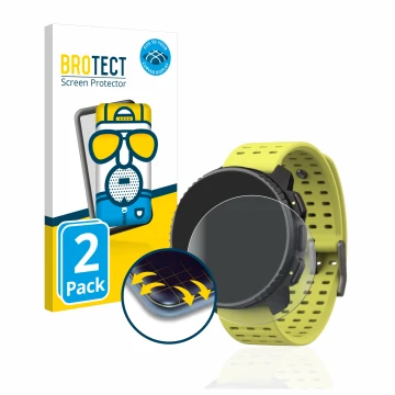 Parte frontal de un envase de producto con el logotipo de la marca BROTECT. Al lado se muestra el dispositivo Suunto Vertical 