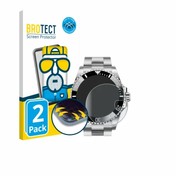 Parte frontal de un envase de producto con el logotipo de la marca BROTECT. Al lado se muestra el dispositivo Rolex Submariner