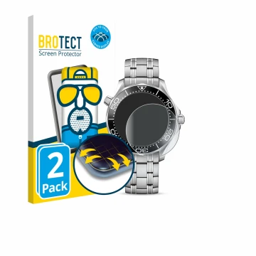 Parte frontal de un envase de producto con el logotipo de la marca BROTECT. Al lado se muestra el dispositivo Omega Seamaster 