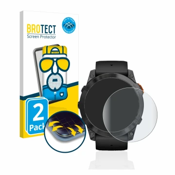 Parte frontal de un envase de producto con el logotipo de la marca BROTECT. Al lado se muestra el dispositivo Garmin Fenix 7X 