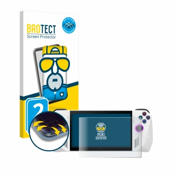 Parte frontal de un envase de producto con el logotipo de la marca BROTECT. Al lado se muestra el dispositivo ASUS ROG Ally (2