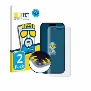 Parte frontal de un envase de producto con el logotipo de la marca BROTECT. Al lado se muestra el dispositivo Apple iPhone 15 