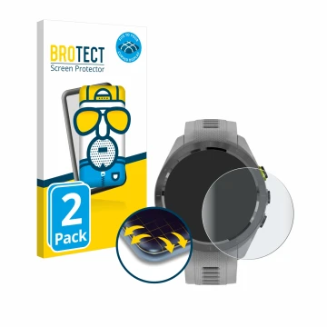 Parte frontal de un envase de producto con el logotipo de la marca BROTECT. Al lado se muestra el dispositivo Garmin Approach 