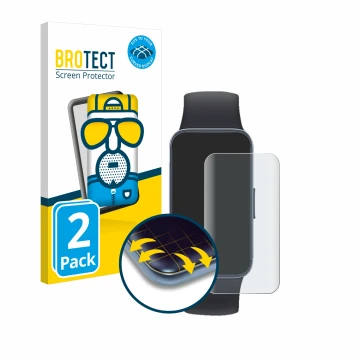 Parte frontal de un envase de producto con el logotipo de la marca BROTECT. Al lado se muestra el dispositivo Huawei Band 8 co