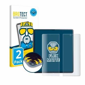 Parte frontal de un envase de producto con el logotipo de la marca BROTECT. Al lado se muestra el dispositivo Honor Magic V2 (