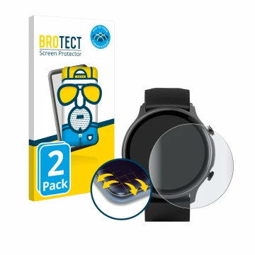 Parte frontal de un envase de producto con el logotipo de la marca BROTECT. Al lado se muestra el dispositivo Hama Fit Watch 6