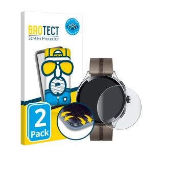 Parte frontal de un envase de producto con el logotipo de la marca BROTECT. Al lado se muestra el dispositivo Xiaomi Watch 2 P