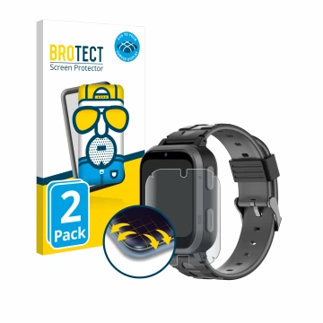 Parte frontal de un envase de producto con el logotipo de la marca BROTECT. Al lado se muestra el dispositivo Beafon Kids Watc