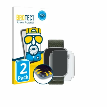 Parte frontal de un envase de producto con el logotipo de la marca BROTECT. Al lado se muestra el dispositivo Apple Watch Seri