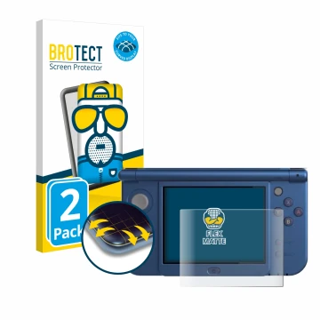 Parte frontal de un envase de producto con el logotipo de la marca BROTECT. Al lado se muestra el dispositivo Nintendo New 3DS