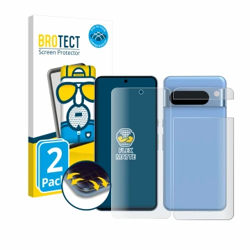 Parte frontal de un envase de producto con el logotipo de la marca BROTECT. Al lado se muestra el dispositivo Google Pixel 8 P