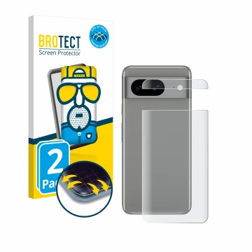 Parte frontal de un envase de producto con el logotipo de la marca BROTECT. Al lado se muestra el dispositivo Google Pixel 8 (