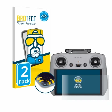 Parte frontal de un envase de producto con el logotipo de la marca BROTECT. Al lado se muestra el dispositivo DJI RC 2 con su 