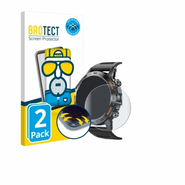 Parte frontal de un envase de producto con el logotipo de la marca BROTECT. Al lado se muestra el dispositivo Lemfo Smartwatch