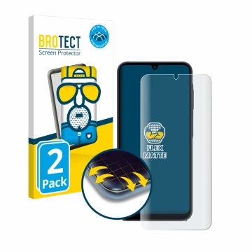 Parte frontal de un envase de producto con el logotipo de la marca BROTECT. Al lado se muestra el dispositivo Samsung Galaxy A