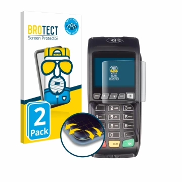 Parte frontal de un envase de producto con el logotipo de la marca BROTECT. Al lado se muestra el dispositivo ingenico Desk/35