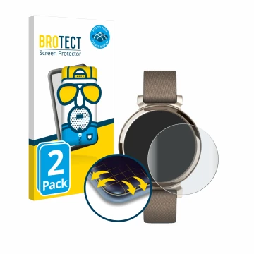 Parte frontal de un envase de producto con el logotipo de la marca BROTECT. Al lado se muestra el dispositivo Garmin Lily 2 co