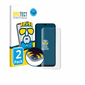 Parte frontal de un envase de producto con el logotipo de la marca BROTECT. Al lado se muestra el dispositivo Samsung Galaxy A