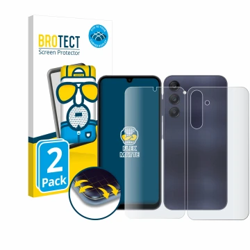Parte frontal de un envase de producto con el logotipo de la marca BROTECT. Al lado se muestra el dispositivo Samsung Galaxy A