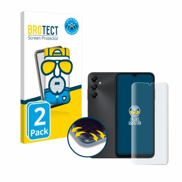 Parte frontal de un envase de producto con el logotipo de la marca BROTECT. Al lado se muestra el dispositivo Samsung Galaxy A
