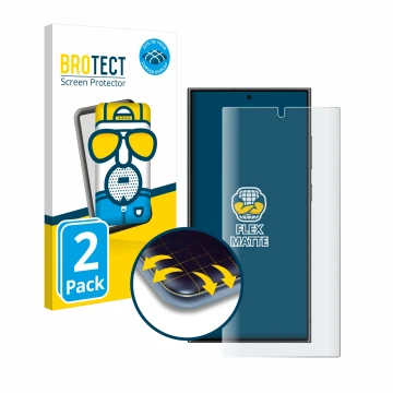 Parte frontal de un envase de producto con el logotipo de la marca BROTECT. Al lado se muestra el dispositivo Samsung Galaxy S