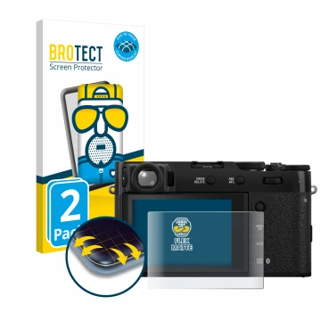 Parte frontal de un envase de producto con el logotipo de la marca BROTECT. Al lado se muestra el dispositivo Fujifilm X100VI 