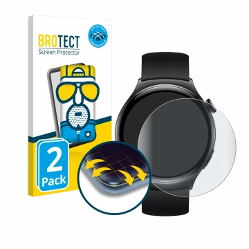 Parte frontal de un envase de producto con el logotipo de la marca BROTECT. Al lado se muestra el dispositivo Huawei Watch 4 A