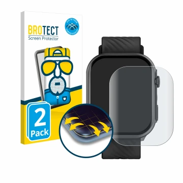 Parte frontal de un envase de producto con el logotipo de la marca BROTECT. Al lado se muestra el dispositivo Yuede Smartwatch