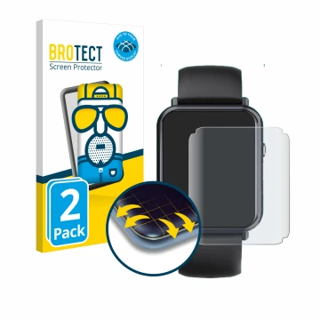 Parte frontal de un envase de producto con el logotipo de la marca BROTECT. Al lado se muestra el dispositivo Sross Smartwatch